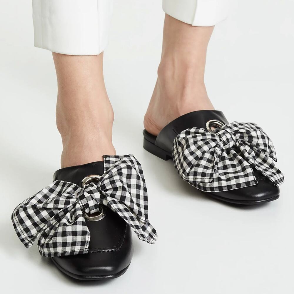 Freda Salvador Black Leather Gingham Bow Mules